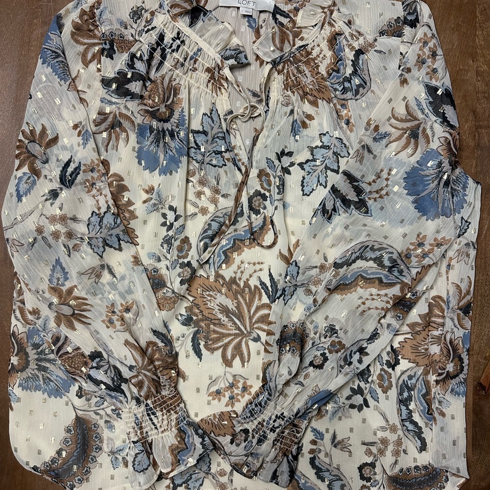 LOFT Cream Floral Tie-Neck Long Sleeve Blouse
